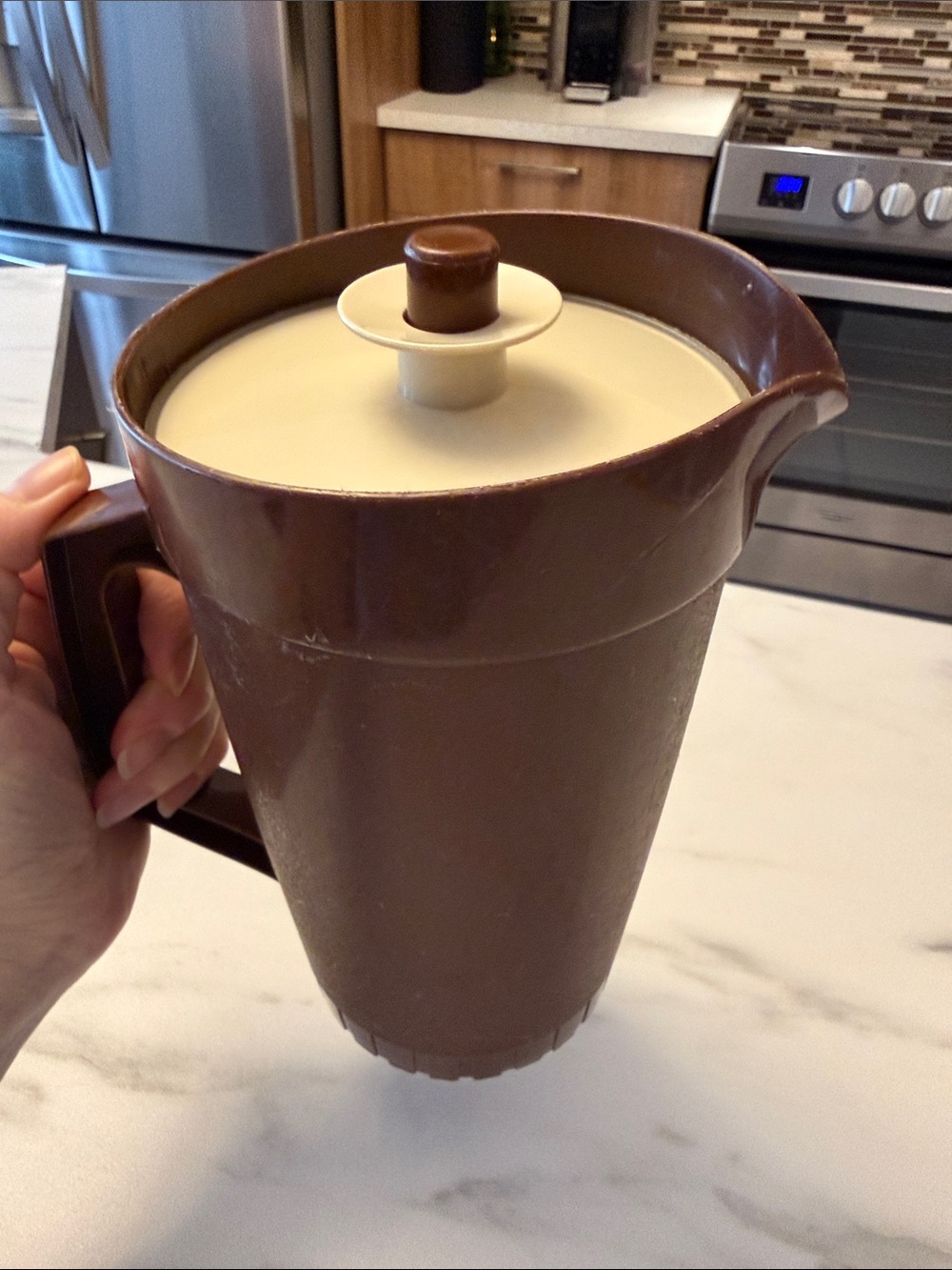 Tupperware Small Vtg Brown Pitcher with Cream Lid and Knob
